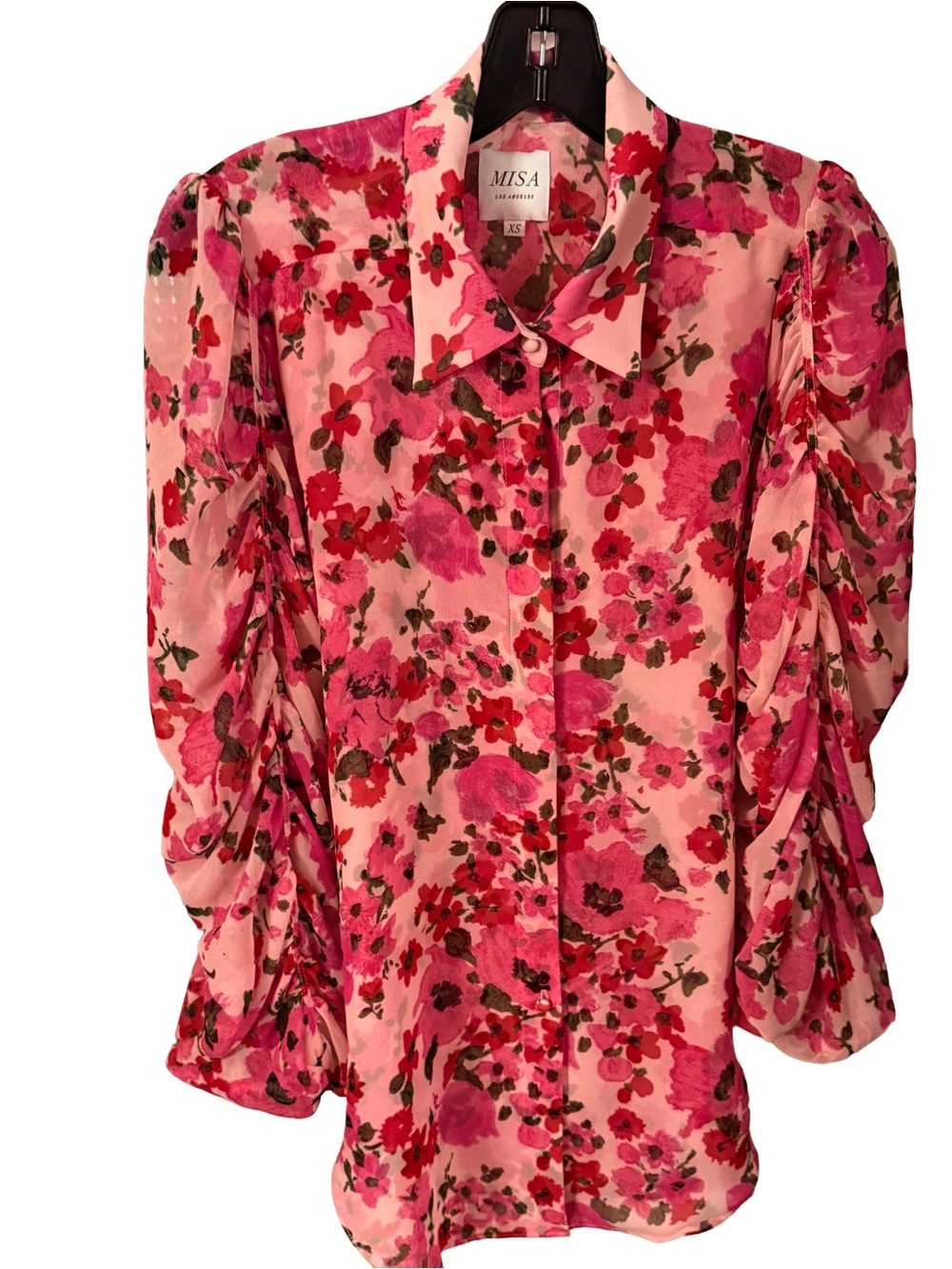 Misa Los Angeles Joanne Blouse In Pink Floral Ruched Sleeves Collared Sz XS